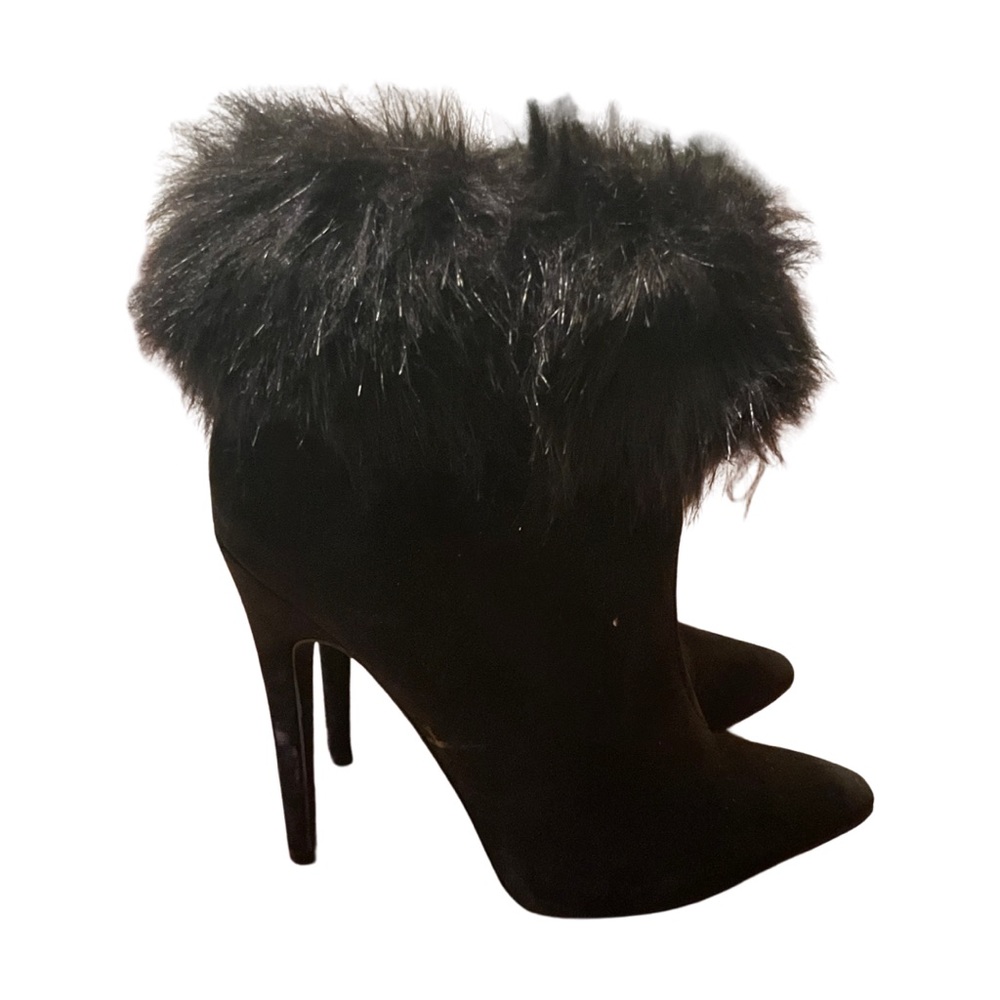 Black faux suede fur lined heeled pump booties